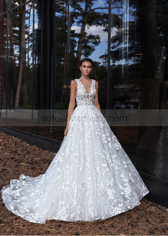 V Neck Beaded White Floral Lace Wedding Dress